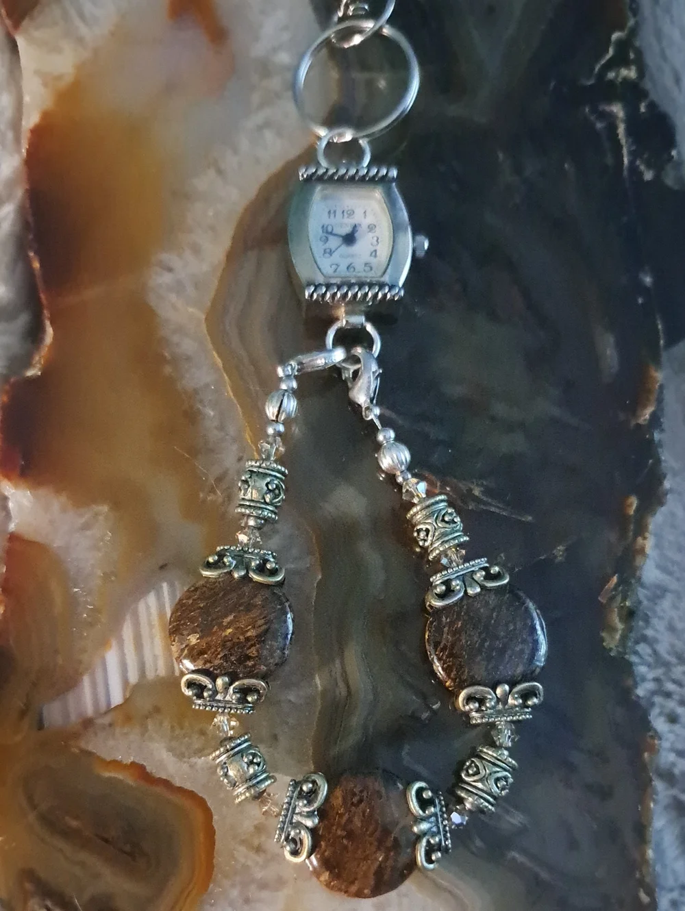 Hand Crafted Silver-Tone Bronzite Brown Stone Watch Keychain Purse Bag jewelry